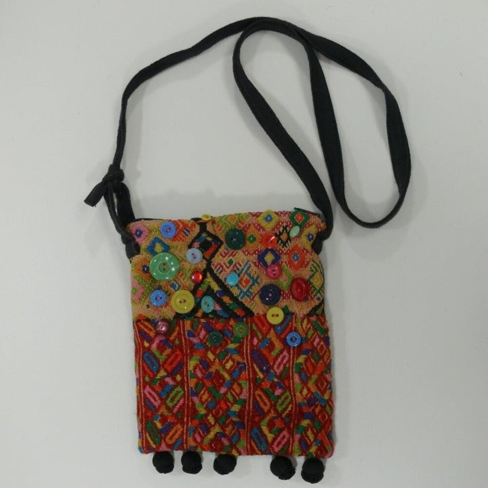 ISLAND PURSE embroidered buttoned cloth pompoms colorful hippie hobo